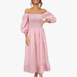 Pink Checkered Puff Sleeve Off the Shoulder Midi Smocked Dress